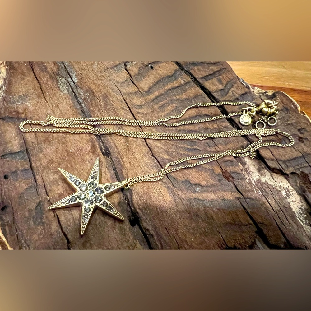 Authentic J. Crew Necklace Black Crystal Star Antique Brushed Gold Tone 36” +2”